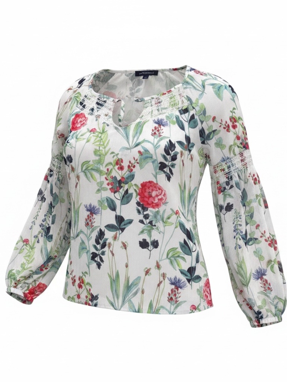 Tommy Hilfiger White Floral Peasant Blouse with Red & Green Print